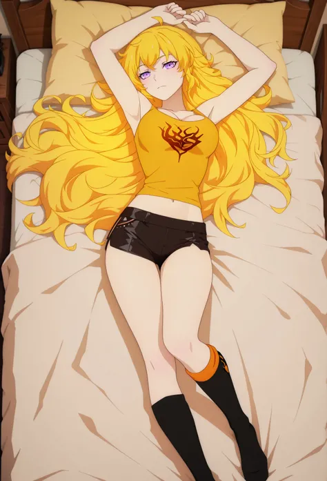 1 girl, solo character, single character, Yang Xiao Long from RWBY, full color, cel shading, vibrant colors, cartoon-style, teenage girl, clean lineart, cel shading, symmetrical face, front view, full body, 2D animation, laying in bed, very long wavy golde...