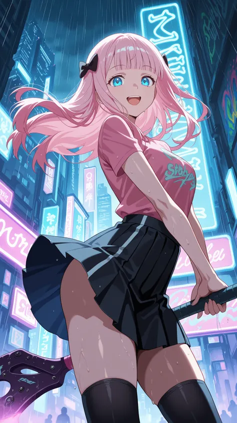 BREAK (masterpiece:1.2), best quality, high resolution, unity 8k wallpaper, (illustration:0.8), Nighttime urban skatepark glowing with neon lights, rain-soaked concrete reflecting purple and blue tones, colorful graffiti on the walls, scattered puddles shi...