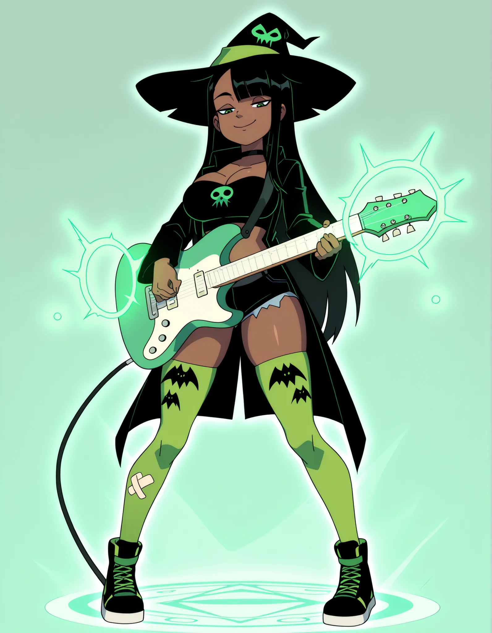 ((Highest Quality)), (Simple background), 1girl, full body, standing, breast, thighs, smile, seductive, half-closed eyes, dark skin, green eyes, black hair, very long hair, side bangs, single hair intake, gyaru, green hairband, bandaids on legs, Full body:...