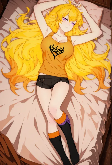 1 girl, solo character, single character, Yang Xiao Long from RWBY, full color, cel shading, vibrant colors, cartoon-style, teenage girl, clean lineart, cel shading, symmetrical face, front view, full body, 2D animation, laying in bed, very long wavy golde...