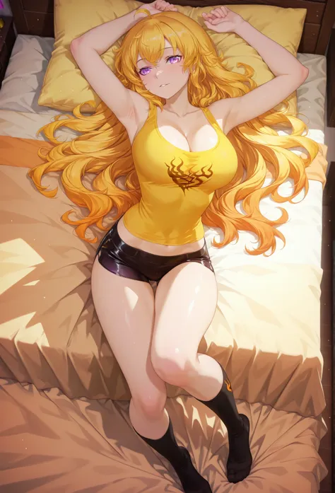1 girl, solo character, single character, Yang Xiao Long from RWBY, full color, cel shading, vibrant colors, cartoon-style, teenage girl, clean lineart, cel shading, symmetrical face, front view, full body, 2D animation, laying in bed, very long wavy golde...
