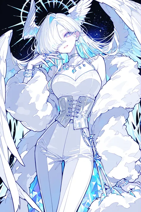 (xxx667_illu,)(feathered head wings, demon head wings, [color] head wings, multicolored head wings ,)The winged woman is angel. She has a mature bodybuilding  with big breasts , thin waist and wide hips. She has sparkling white skin. She has fluffy feather...