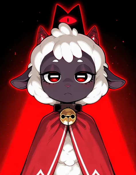 ,, masterpiece, best quality, very aesthetic, 1girl, solo, cult of the lamb, sheep girl, collar, horizontal pupils, red/black eyes, red crown,