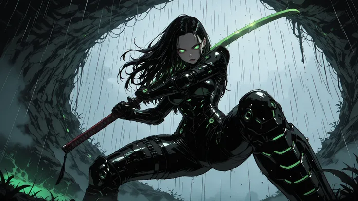 sinner2,Goth girl,Goth girl 1girl,cyberpunk girl fighting giant pig rat at the sewers,best quality, ultra highres, masterpiece, teen cyber warrior, fusion style outfit, green plasma katana, rain droplet effects, dramatic low angle shot, cybernetic backgrou...