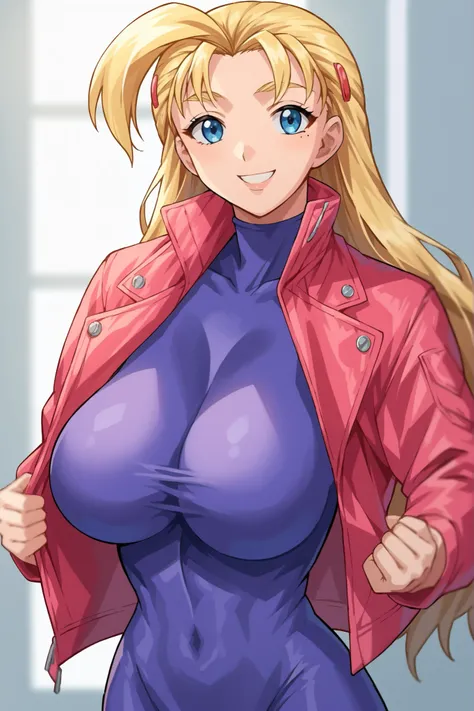 portrait, sharp focus, soft lighting,, , illustration, depth of field, (bloom:0.4), score_9, score_8_up, score_7_up, source_anime, BREAK 1girl, looking at you, smile,  1girl, solo ,miu, blonde hair, long hair,bangs, blue eyes, mole under right eye, sexy bo...