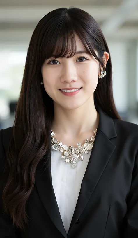 Neat Young Woman、and look at the camera、office lady suit、jacket、shirt、necklace、、ear piercing、、Has bangs、smile showing teeth、薄い茶髪、Bust Up Shot、background is office
