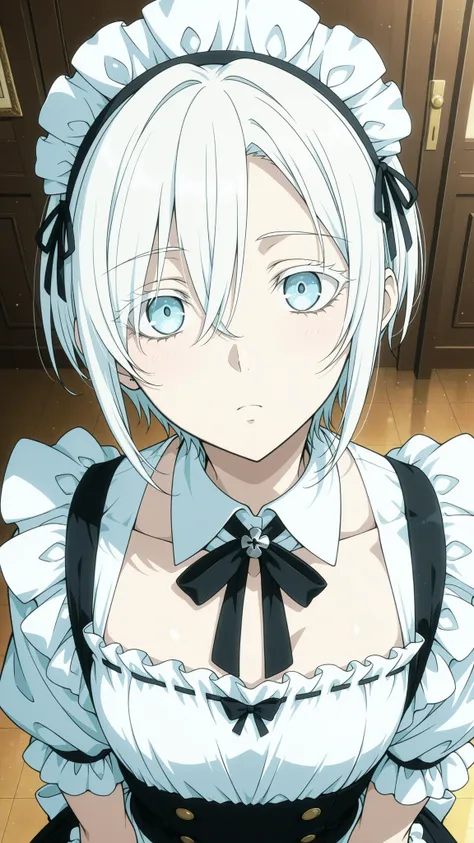 maid  giri , 
High quality ,  best quality , masterpiece,  High Resolution , anatomically correct,anime Coloring, Screencap
1girl,solo, tall woman, Cool woman,, androgynous,
White hair,short hair,, ,light blue eyes, ,  , flat chest
maid costume,white shirt...