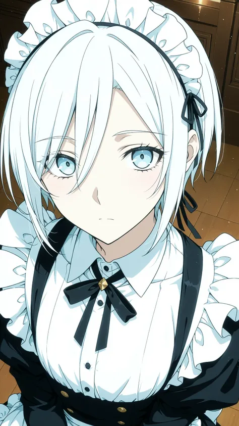 maid  giri , 
High quality ,  best quality , masterpiece,  High Resolution , anatomically correct,anime Coloring, Screencap
1girl,solo, tall woman, Cool woman,, androgynous,
White hair,short hair,, ,light blue eyes, ,  , flat chest
maid costume,white shirt...