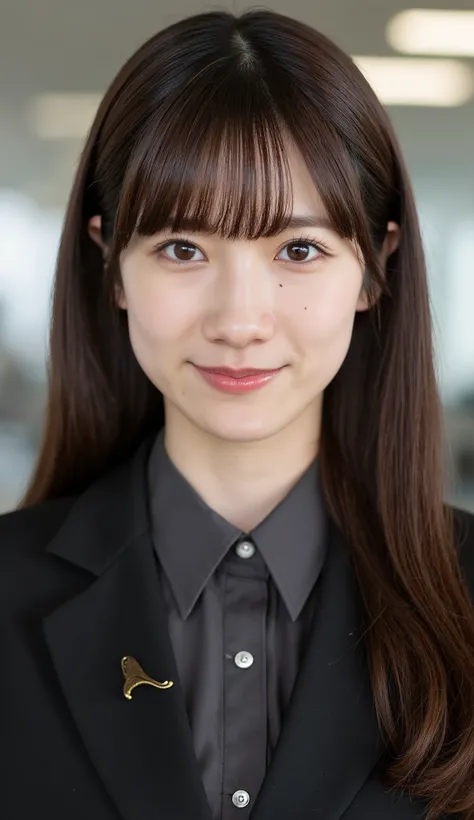 Neat Young Woman、and look at the camera、office lady suit、jacket、shirt、necklace、、ear piercing、、Has bangs、smile showing teeth、Bust Up Shot、background is office
