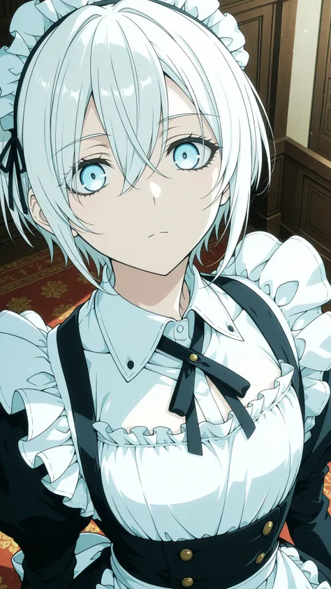 maid  giri , 
High quality ,  best quality , masterpiece,  High Resolution , anatomically correct,anime Coloring, Screencap
1girl,solo, tall woman, Cool woman,, androgynous,
White hair,short hair,, ,light blue eyes, ,  , flat chest
maid costume,white shirt...