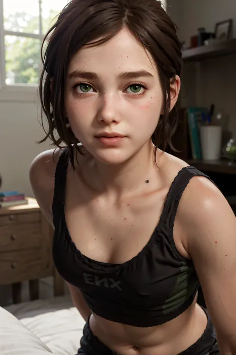 

Elli in a Women's Seamless Cropped Camisole Top   A stunning and intricate full color Ultra-HD portrait, a young  girl, short brown hair, green eyes, detailed face,on bed 