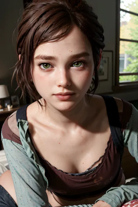 Elli in a Women's Seamless Cropped Camisole Top   A stunning and intricate full color Ultra-HD portrait, a young  girl, short brown hair, green eyes, detailed face,on bed 