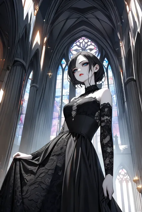 (masterpiece), (best quality), Dolshy as gothic temptress, (elegant black lace dress:1.3), (sharp gaze with slight madness:1.4), (pale skin with cold sweat:1.2), from below angle, dramatic cathedral lighting, --v 1.10 --style hyperreal"