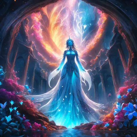 Ethereal beauty emerging from abyss, luminous glow, SDXL_ARW_LuminousAbyss-v1.10 masterpiece, hyper-detailed 8K, cinematic lighting, mystical atmosphere, perfect composition, vibrant yet deep colors, divine aesthetic