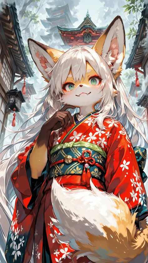 (masterpiece, detailed:1.2),masterpiece, highest quality, Ultra High Quality, 64k, Beautiful and delicate Fox girl, one girl, (furry), white hair, long hair, (absurdly long hair), (Sanpaku eye), Devilish smile, visible fangs, fox Fur, Fluffy inner ear, (fo...