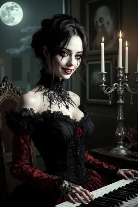 Ultra attractive gothic woman, hypersenual pose, moody atmosphere, gothic/victorian style dress, black and scarlet, ultra-realistic,photo-realistic,ultra-detailed, physically-based rendering, detailed portrait of a beautiful gothic woman with pale skin, da...