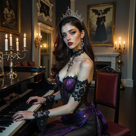 Ultra attractive gothic woman, hypersenual pose, gothic/victorian style dress, black and violet dress, a detailed portrait of a beautiful gothic woman with pale skin, dark makeup, piercing eyes in a large luxurious room, playing a grand piano, lid up, long...