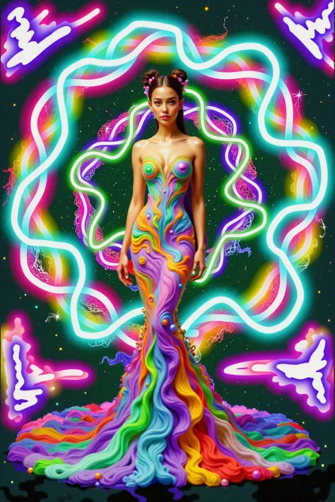 A beautiful woman wearing a mermaid-style dress with a sweeping train. The brightest neon and fluorescent colors, set against a vibrant, surreal backdrop bursting with oversaturated, vibrant colors. Ultra-realistic, photo-realistic,ultra-detailed, physical...
