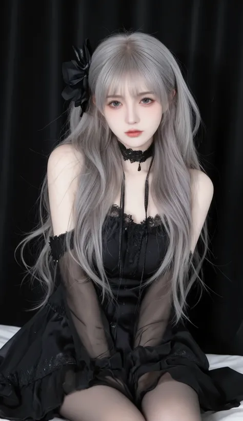 (((masterpiece, top quality, super detailed))), A doll-like woman in the style of a goth loli, 18 years old, Accurate Anatomy (beautiful gray eyes, Very, Very large slitted eyes, is exquisite, Lonely,  Beautiful eyes , Very, Very Long eyelashes, Thin nose,...