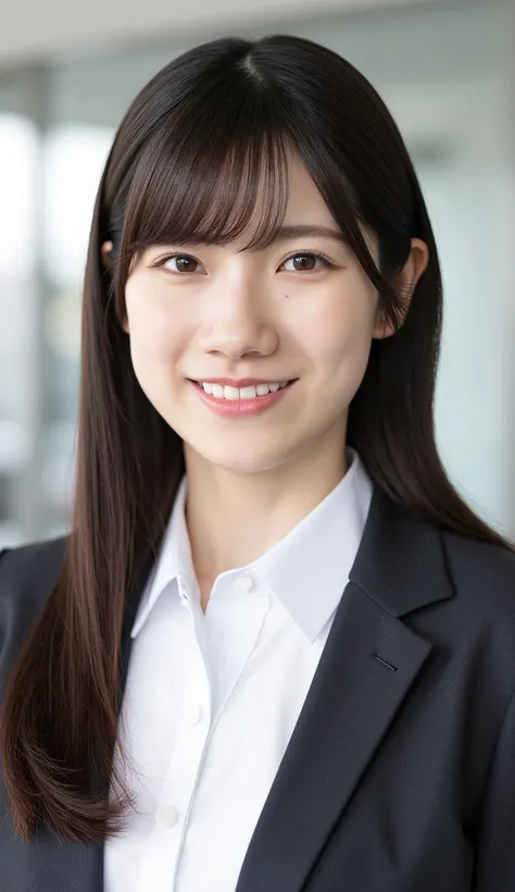Neat Young Woman、and look at the camera、office lady suit、jacket、shirt、necklace、、ear piercing、薄い茶髪、、Has bangs、smile showing teeth、Bust Up Shot、background is office
