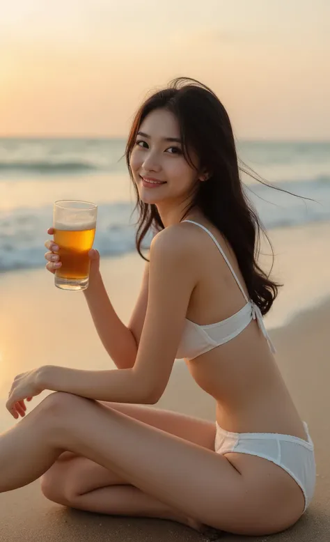 high resolution portrait of a beautiful woman、Women in their 20s、long black hair、big eyes、cute、Smile Yan、girl sitting、white bikini、beer、Beach Backdrop、Sandy Beach、 on the edge of the waves、Sunset、bokeh、Realistic、HDR,4K,Portrait,Photography