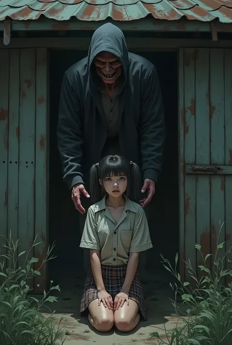  fifteen-year-old girl、Japanese girl with two pigtails,  buttonless shirt , Naked neck without a bra ,very short plaid miniskirt、Kneel、Subordinate, Dark, stagnant sky 、A scene of a girl being stripped of her body by a、rogue in a tattered old hut with weeds...