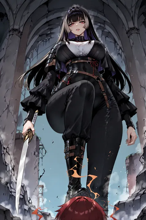 stomp、stompる、soloプレイ、solo、only one person、taken from below、caveの中、Hunter、Ruins、Attach a、black suit、Attach a、sword、Japanese sword、black longsuit、 black long jacket、ゴスロリなshirt、Depressed、Tall Woman、A woman in her thirties、 Alassah's woman、Steins;Gate、 black l...