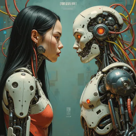 Higher details, Ultra hyperrealism. Highly detailed and realistic. intricate and very professional artwork, an absolute masterpiece. hyperrealistic and highly detailed. Tim Burton's cartoon style, slightly rotated head, A detailed oil painting of a cyborg ...