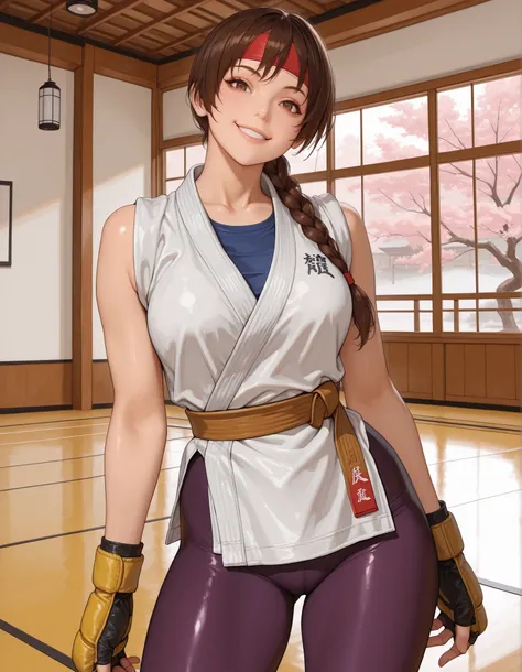 masterpiece, best quality, amazing quality, absurdres, newest, 1girl, solo, YRISKIKOF, brown hair, single braid, brown eyes, red headband, dougi, blue undershirt, yellow mma gloves, martial arts belt, purple leggings, cowboy shot, smile, dojo, sakura tree,...