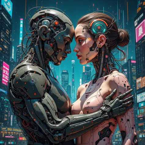 In the year 2032, witness the bound and symbiotic relationship of a human and AI, their forms intertwined in a dance of code and flesh. The scene is set against the backdrop of a futuristic cityscape, with towering skyscrapers and holographic projections i...