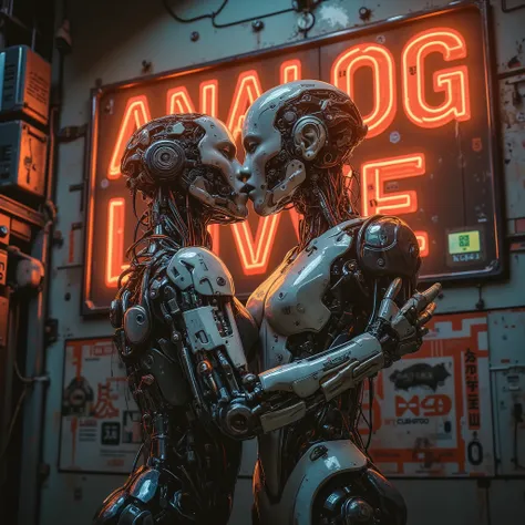 Two robots are standing kissing. In the background, on the wall, there is a neon advertisement with the words "Analog Love" in capital letters