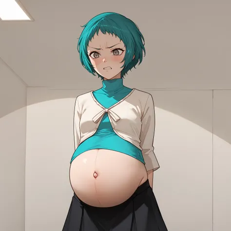 source_cartoon, fuukasummer, aqua hair, short hair, grey eyes, cardigan, green turtleneck, black skirt,  perfect anatomy,  , female, disgusted face, no makeup, perfect lighting, disgust emotions, small breasts, ,Stand upright、、、hands on back pose, jumper s...