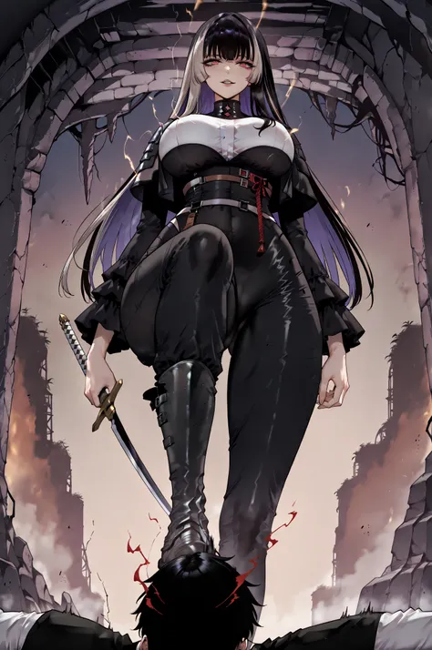 soloパーティ、solo討伐stomp、stompる、soloプレイ、solo、taken from below、caveの中、Hunter、Ruins、Attach a、black suit、Attach a、sword、Japanese sword、black longsuit、 black long jacket、ゴスロリなshirt、Depressed、Tall Woman、A woman in her thirties、 Alassah's woman、Steins;Gate、 black lo...