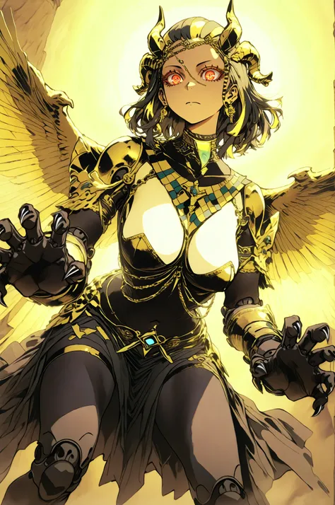 A magnificent and mythical humanoid figure is captured in an intricate and dynamic pose, reminiscent of a futuristic gargoyle or a legendary creature. This character possesses a striking blend of ornate armor and organic features, merging artistry with a s...