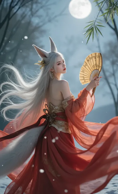 A thousand-year-old fox demon turns back in a fighting posture， has a mysterious and charming expression， the silver-white long hair dances wildly in the wind，hair with clear roots，Nine silver-white fox tails spread out behind it，Fluff details are clearly ...