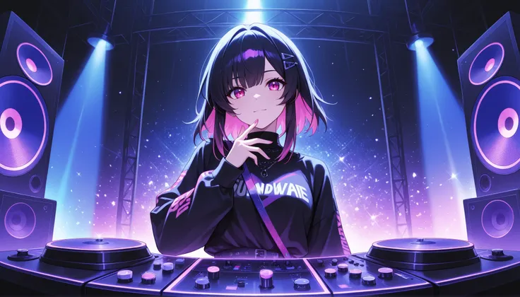 ((solo)), The upper body is visible, hair tacking , 素晴らしいmasterpiece, top quality, High Fashion, Extremely ridiculous, HDR, Intricate Details, bright colors, very cute face, DJ, Virtual Disks, Synchronization,hand up, Various Voices, speaker, SoundWave , ...