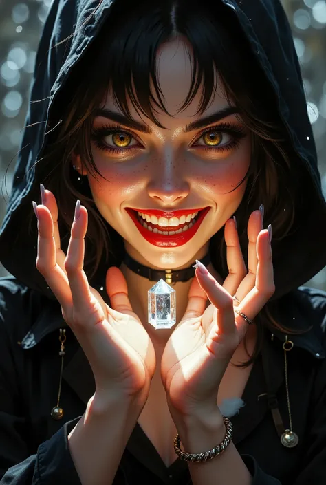 an ultra-realistic portrait of a gothic female thief from a role-playing game, a huge evil mischievous smile, naked hands and fingers, realistic anime, shallow depth of field, sideways, hyper-realistic digital paintings by Jeremy Ketner, Charlie Bowater, S...
