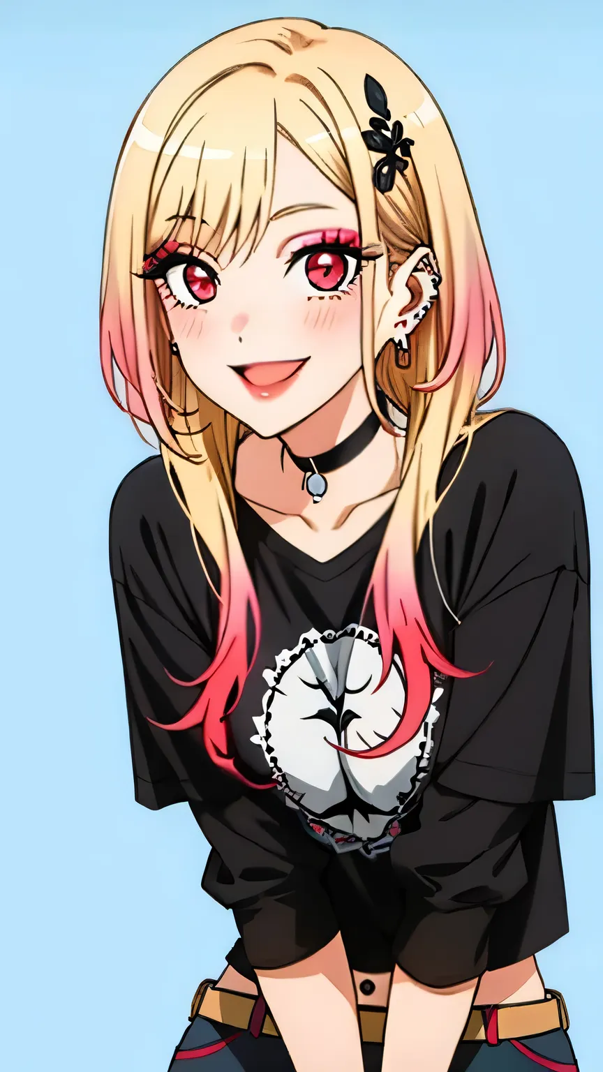 tall body, tall, long legs, mature female, mature, adult, eft_marin, 1girl, kitagawa marin, blonde hair, solo, long hair, shirt, shorts, smile, red eyes, black shorts, black shirt, piercing,  multicolored hair, choker, earrings, jewelry, t-shirt, ear pierc...