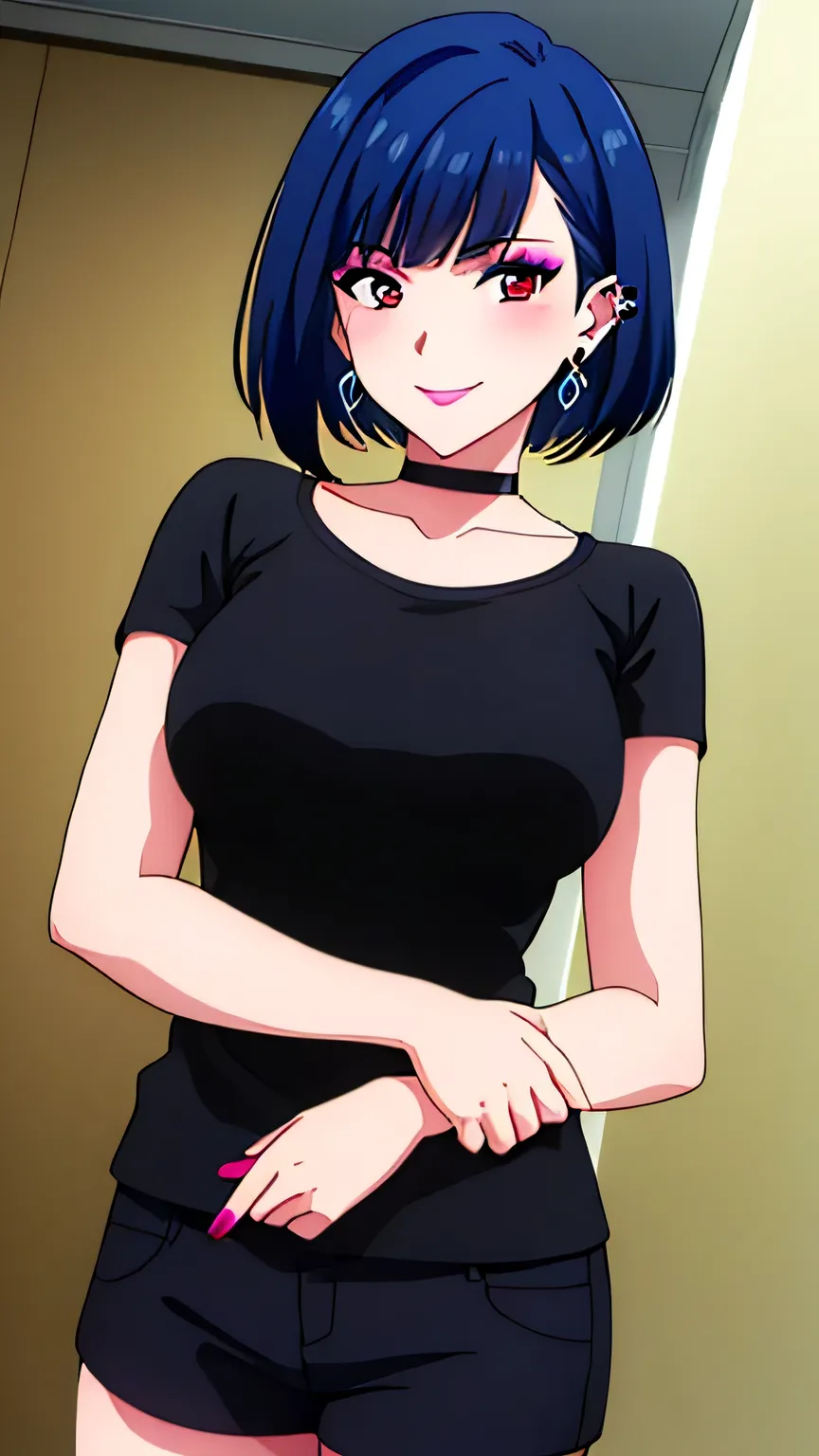 (masterpiece, best quality, high resolution, 8k:1.2), (anime coloring:1.2), highly detailed, tachibana, (medium breasts), blue eyes, short hair, blue hair, bob cut, beautiful eyes, perfect eyes, fine eyes, brown eyes, featuring big highlights, detailed fac...