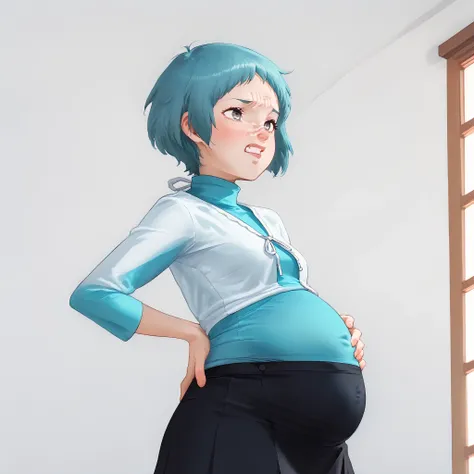 source_cartoon, fuukasummer, aqua hair, short hair, grey eyes, cardigan, green turtleneck, black skirt,  perfect anatomy,  , female, disgusted face, no makeup, perfect lighting, disgust emotions, small breasts, ,Stand upright、、、hands on back pose, jumper s...