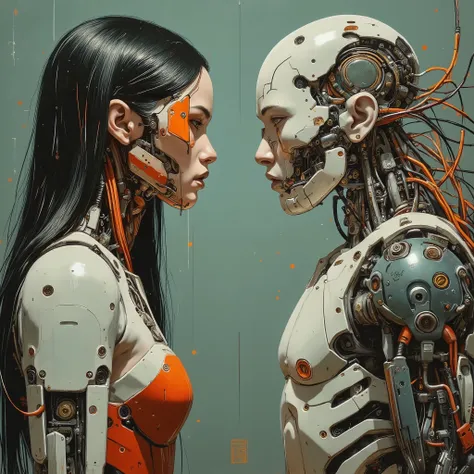 Higher details, Ultra hyperrealism. Highly detailed and realistic. intricate and very professional artwork, an absolute masterpiece. hyperrealistic and highly detailed. Tim Burton's cartoon style, slightly rotated head, A detailed oil painting of a cyborg ...