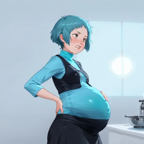 source_cartoon, fuukasummer, aqua hair, short hair, grey eyes, cardigan, green turtleneck, black skirt, perfect anatomy, , female, disgusted face, no makeup, perfect lighting, disgust emotions, small breasts, ,Stand upright、、、hands on back pose, jumper s...