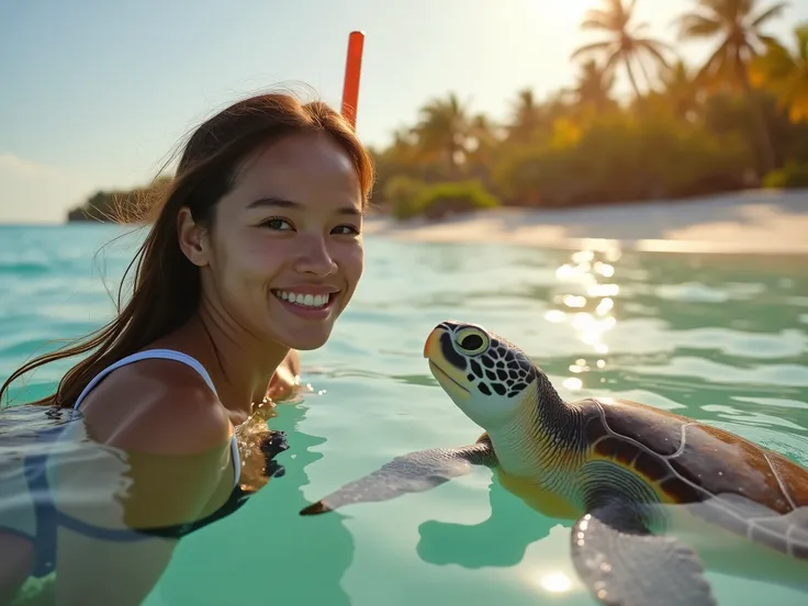 A young woman snorkeler with a bright genuine smile reaching out to a curious sea turtle in shallow lagoon waters, soft afternoon sunlight creating golden reflections on the water surface, idyllic tropical beach backdrop with coconut palms, perfect composi...