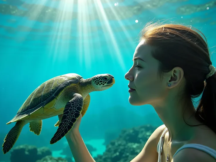 A female marine biologist with a serene expression interacting with a gentle green sea turtle in transparent turquoise water, sun beams creating ethereal underwater light shafts, coral reef visible below, tropical paradise setting, professional underwater ...