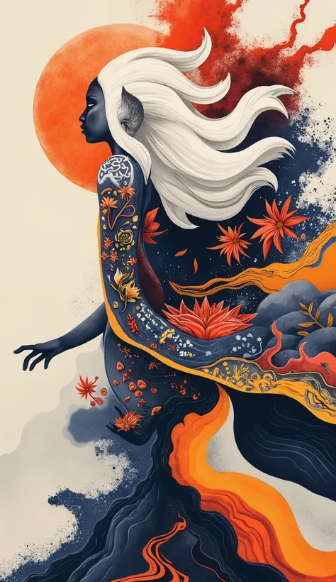 Freehand，movie images，Background：Ancient legends The big seaside after the volcano erupted，Dancing in the snow，（A beautiful fantasy thousand-year-old white fox demon is running）, After a thousand years of existence, Patron Saint, Taboo legends,  elegant po...