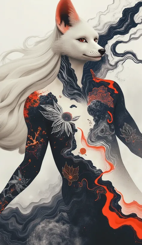 Freehand，movie images，Background：Ancient legends The big seaside after the volcanic eruption，Dancing in the snow，（A beautiful fantasy thousand-year-old white fox demon is running）, After a thousand years of existence, Patron Saint, Taboo legends,  elegant ...