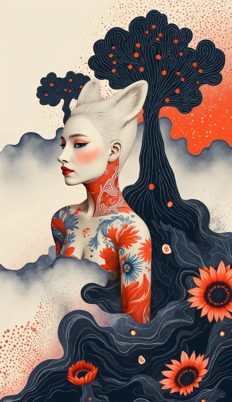 Freehand,movie images,Background:Ancient legends The big seaside after the volcanic eruption,Dancing in the snow,(A beautiful fantasy thousand-year-old white fox demon is running), After a thousand years of existence, Patron Saint, Taboo legends, elegant ...