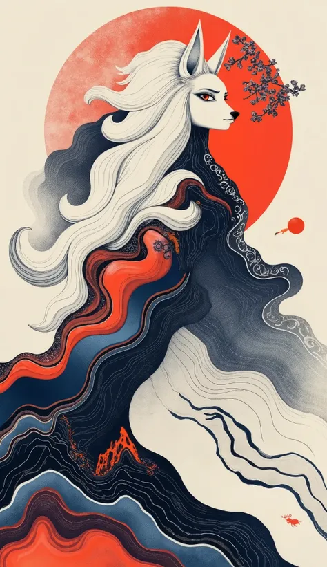 Freehand，movie images，Background：Ancient legends The big seaside after the volcanic eruption，Dancing in the snow，（A beautiful fantasy thousand-year-old white fox demon is running）, After a thousand years of existence, Patron Saint, Taboo legends,  elegant ...