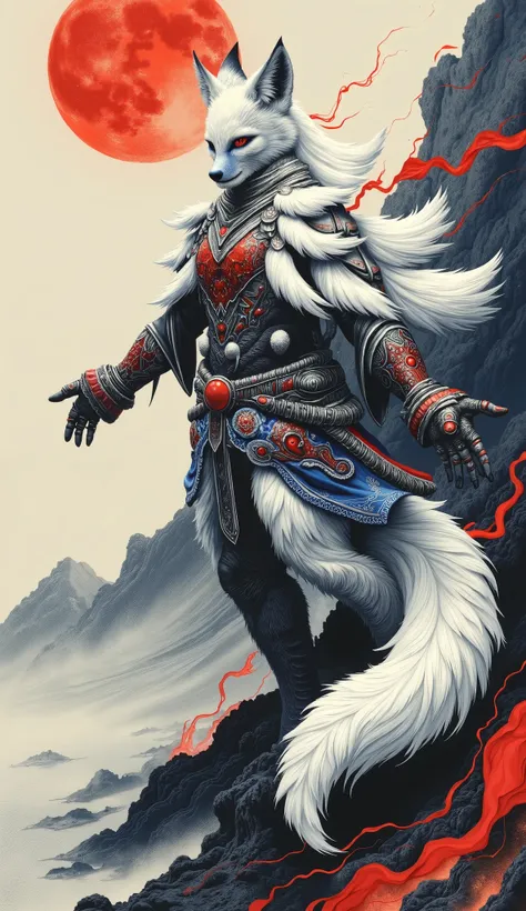 Freehand,movie images,Background:Ancient legends say the big seaside after the volcano erupted,Dancing in the snow,(A beautiful fantasy thousand-year-old white fox demon is running), After a thousand years of existence, Patron Saint, Taboo legends, elegan...