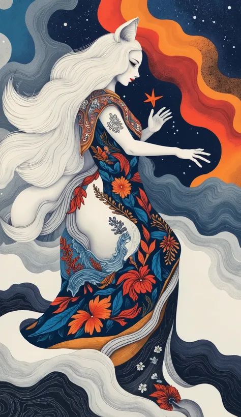 Freehand，movie images，Background：Ancient legends say the big seaside after the volcano erupted，Dancing in the snow，（A beautiful fantasy thousand-year-old white fox demon is running）, After a thousand years of existence, Patron Saint, Taboo legends,  elegan...